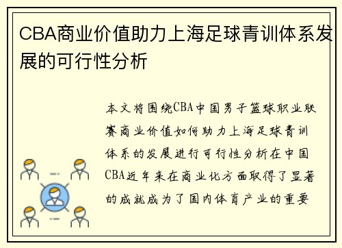 CBA商业价值助力上海足球青训体系发展的可行性分析